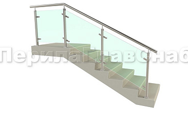 Ограждение лестницы с квадратными стойками и пластинчатыми стеклодержателями купить в Краснодаре