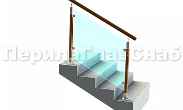 Ограждение с круглым деревянным поручнем с зажимными стеклодержателями и стойками с деревянными вставками купить в Краснодаре